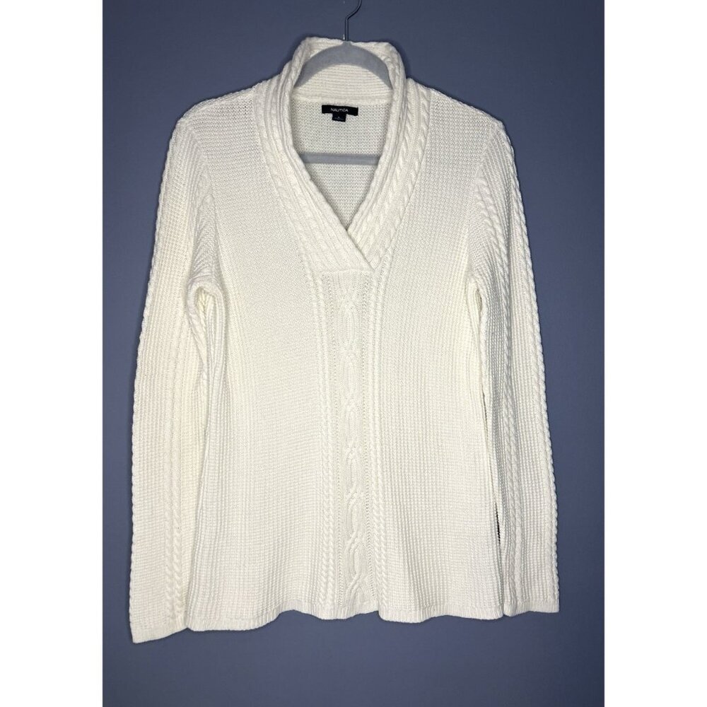 Nautica‎ Shawl Collar Cable Knit Sweater Large Ivory Old Money Preppy Equestrian